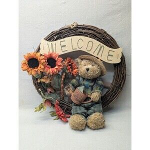 Vintage Fall Grapevine Wreath 20" Teddy Bear Welcome Sign Sunflowers Autumn